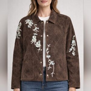 Avanti~Women Suede Leather Quilted Evening Jacket~Floral Embroidery~Brown~2X
